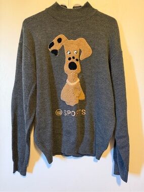 Mieko Uesako M.U. Sports Vintage Dog Knit Sweater Gray Mock Neck Pullover M-L